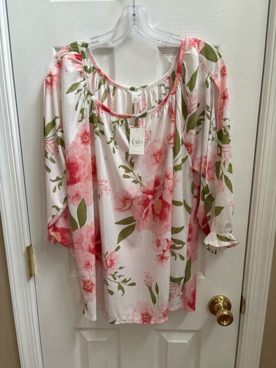 Cato Tops - Cato Woman’s Pink/Green Floral Slit Sleeve Blouse w/ Silver Embelish, Size L,NWT